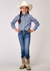 Roper Girls Long Sleeve Snap Blue Skies Tie Print Western Shirt