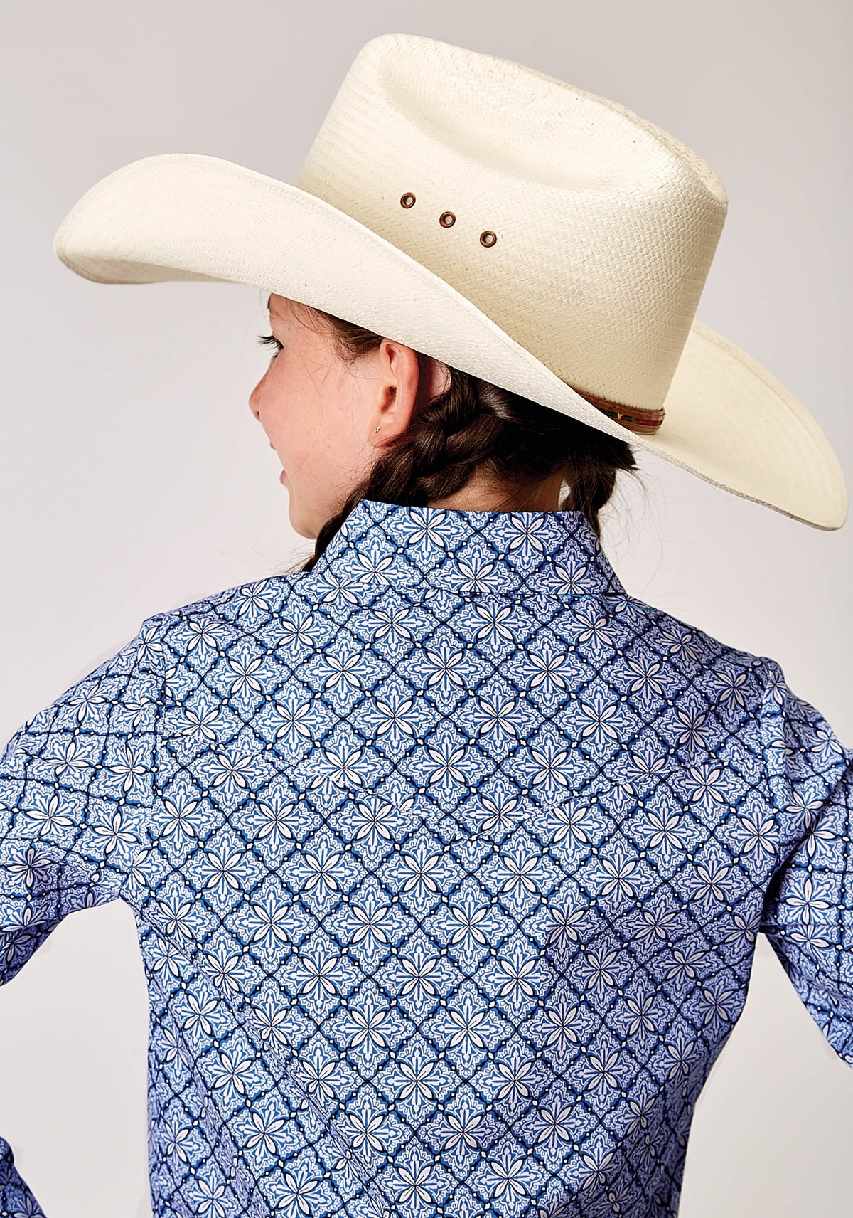 Roper Girls Long Sleeve Snap Blue Skies Tie Print Western Shirt