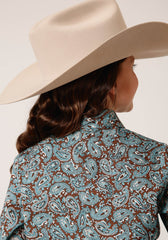 Roper Girls Long Sleeve Snap Turquoise Mine Paisley Western Shirt