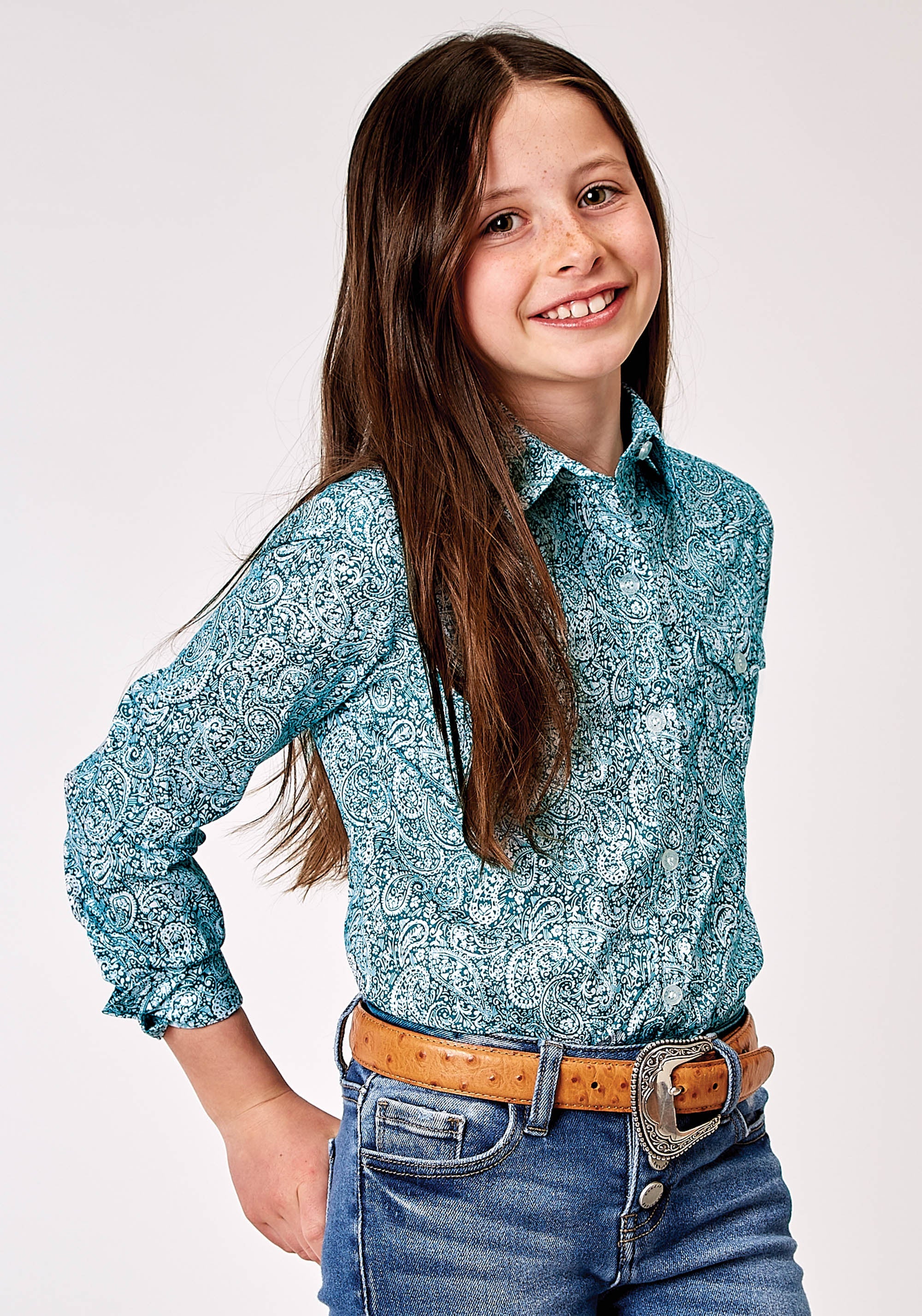 Roper Girls Long Sleeve Button Stretch Poplin Teal Paisley Western Shirt