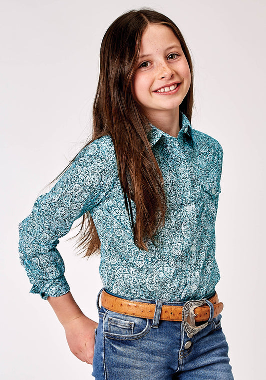 Roper Girls Long Sleeve Button Stretch Poplin Teal Paisley Western Shirt