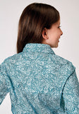 Roper Girls Long Sleeve Button Stretch Poplin Teal Paisley Western Shirt