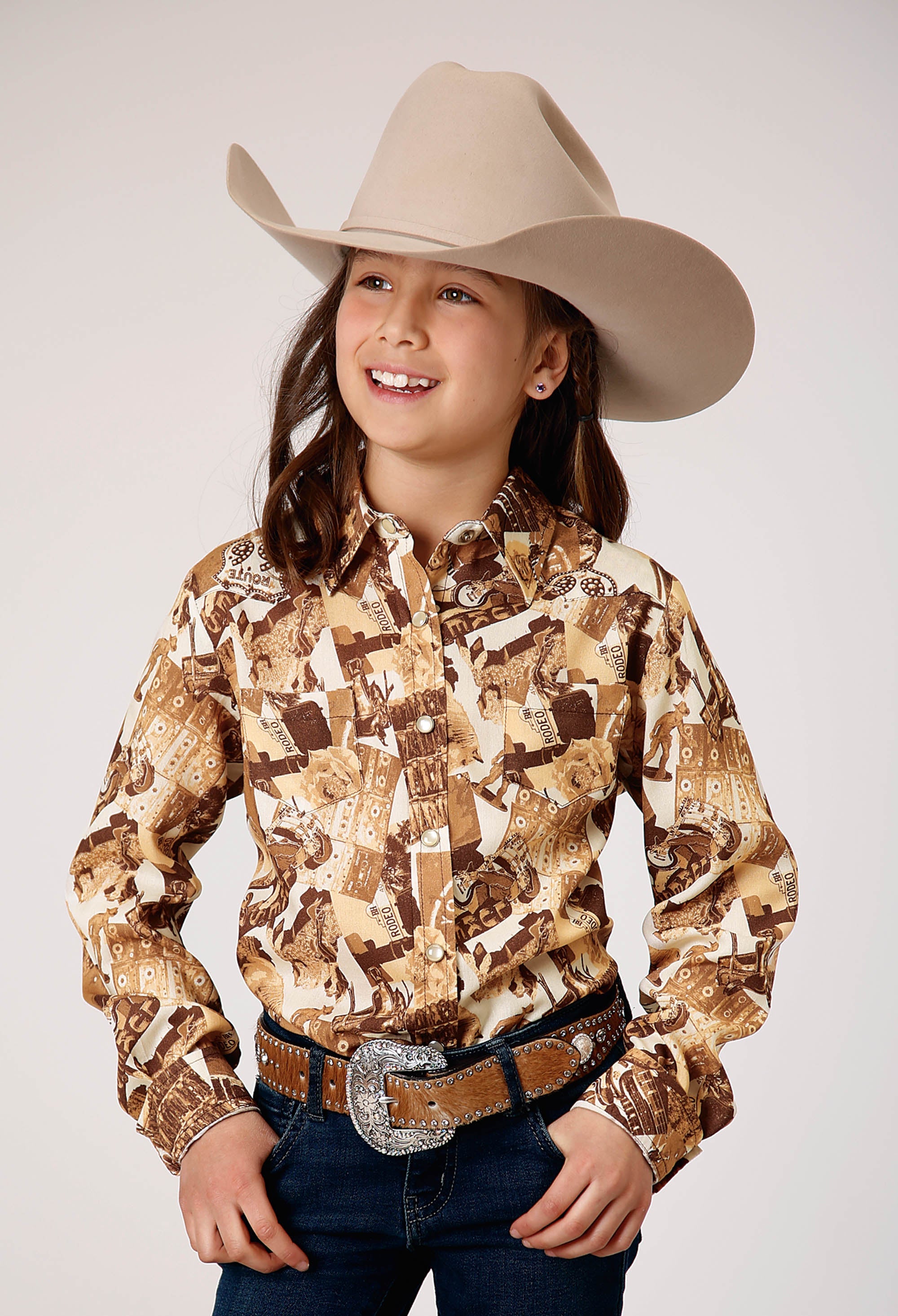 Roper Girls Long Sleeve Snap Collage Print Western Shirt - Roper