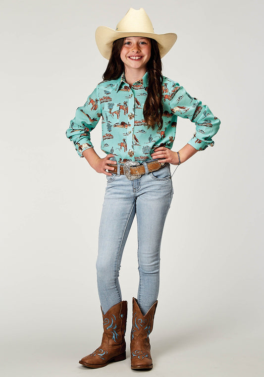 Roper Girls Long Sleeve Snap Desert Toile Print Rayon Western Blouse