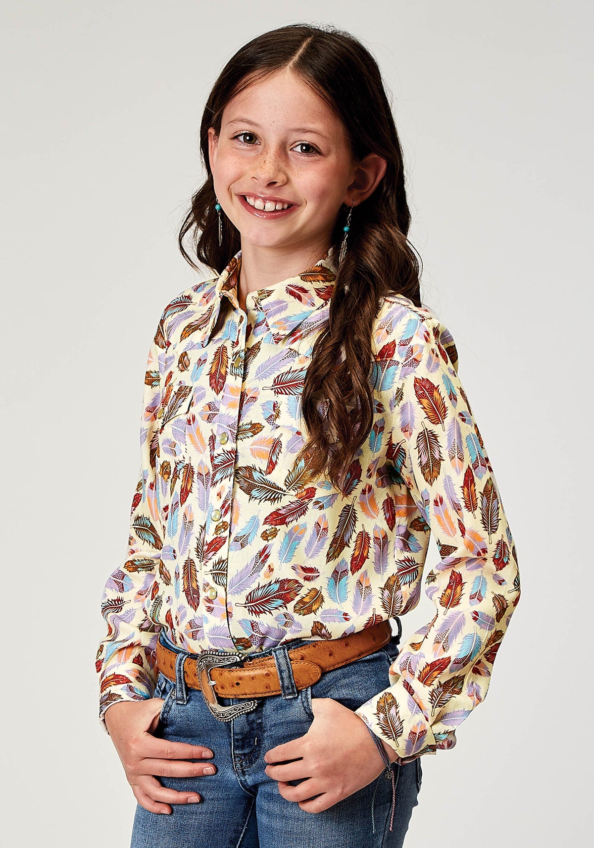 Roper Girls Long Sleeve Snap Feather Toss Printed Rayon Western Blouse