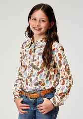 Roper Girls Long Sleeve Snap Feather Toss Printed Rayon Western Blouse - Roper