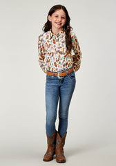 Roper Girls Long Sleeve Snap Feather Toss Printed Rayon Western Blouse - Roper