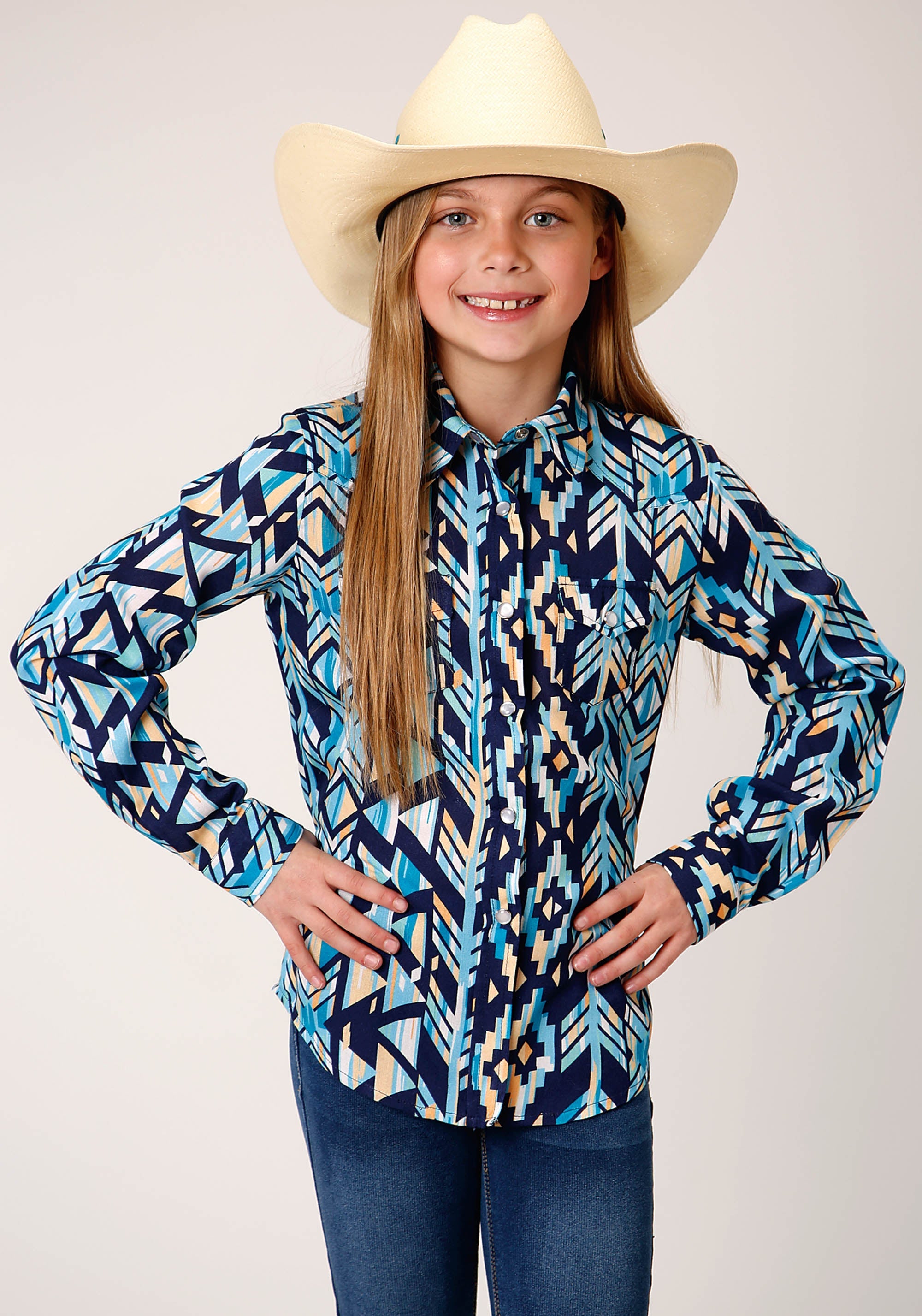 Roper Girls Long Sleeve Snap Modern Aztec Print Shirt