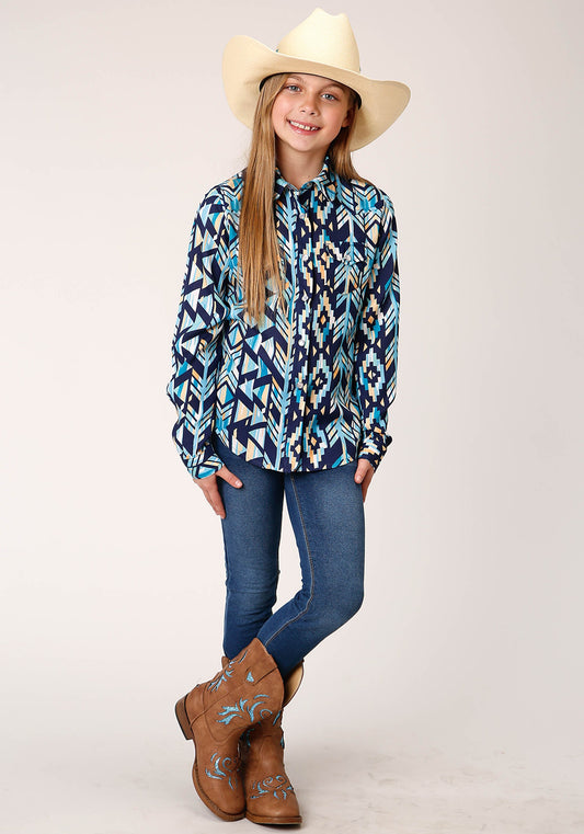 Roper Girls Long Sleeve Snap Modern Aztec Print Shirt