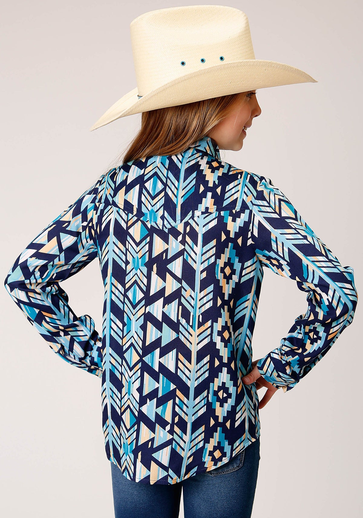 Roper Girls Long Sleeve Snap Modern Aztec Print Shirt