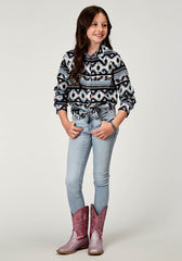 Roper Girls Long Sleeve Snap Navy Aztec Printed Rayon Western Blouse