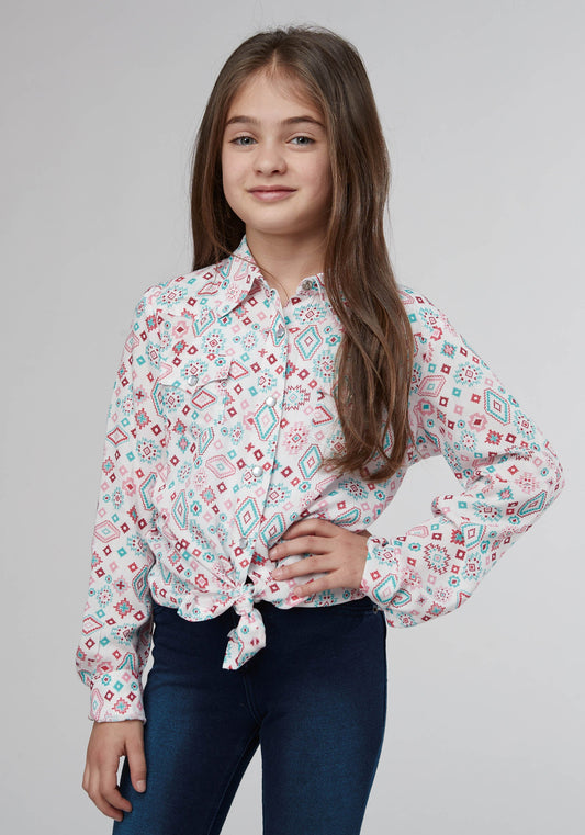 Roper Girls Long Sleeve Snap Scattered Aztec Printed Rayon Western Blouse - Roper