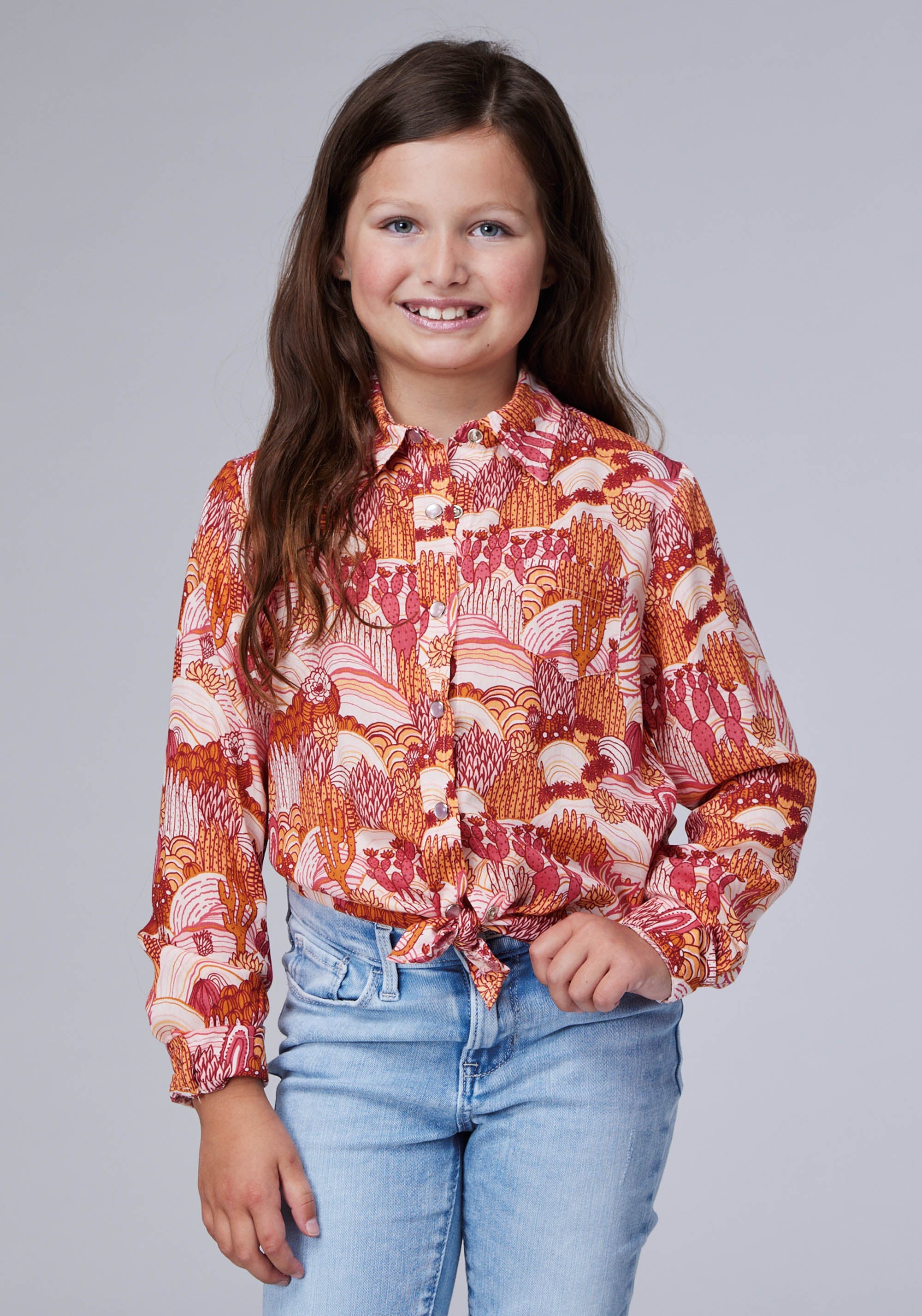 Roper Girls Long Sleeve Snap Groovy Cacti Printed Rayon Blouse With 1 Point Front And Back Yokes - Roper