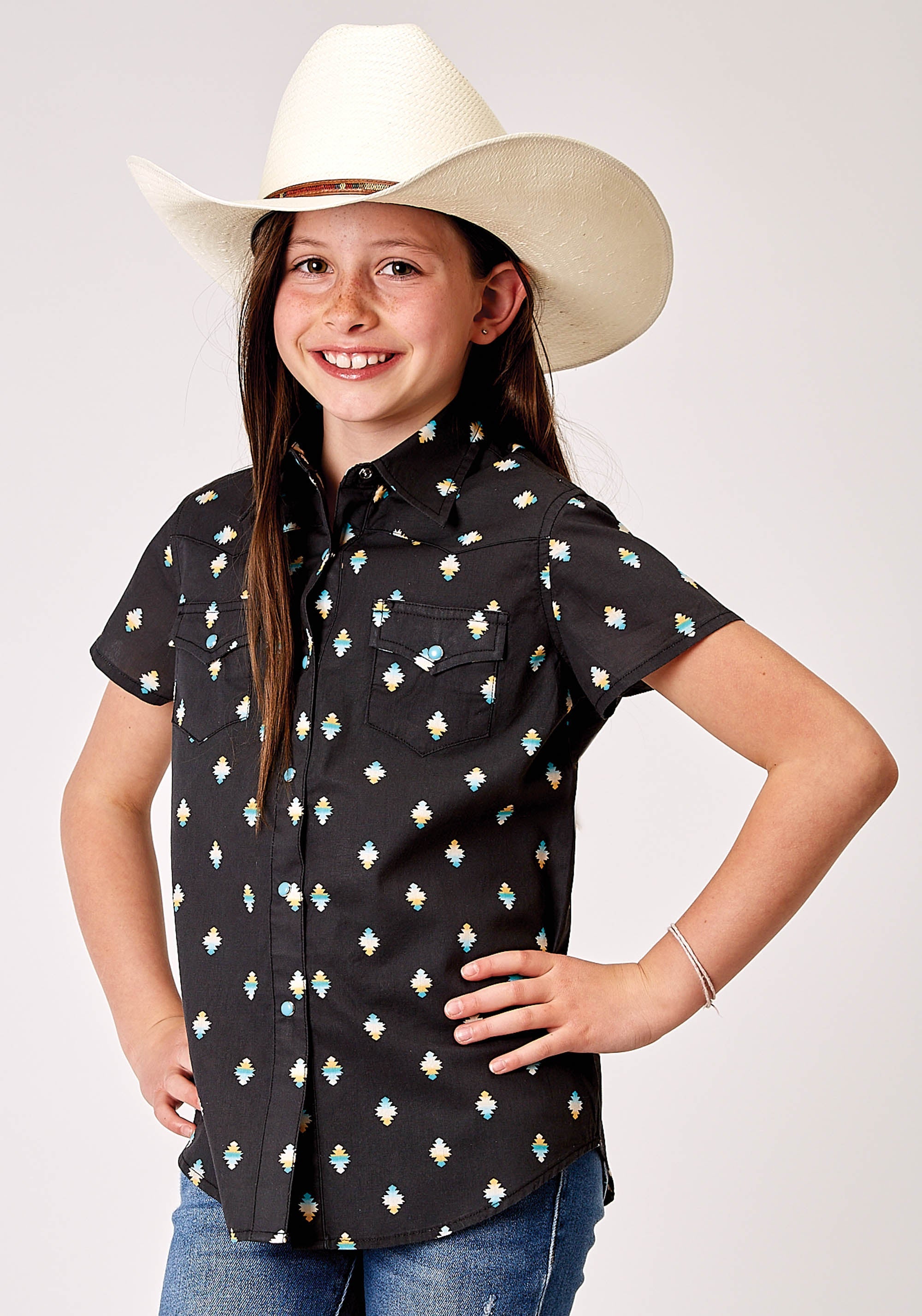 Roper Girls Sleeveless Snap Ombre Aztec Print Western Shirt