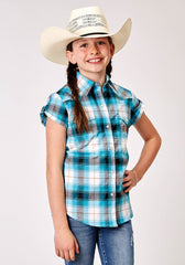 Roper Girls Short Sleeve Snap Stretch Poplin Turquoise Plaid Western Shirt