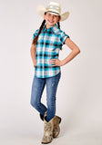 Roper Girls Short Sleeve Snap Stretch Poplin Turquoise Plaid Western Shirt