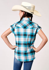 Roper Girls Short Sleeve Snap Stretch Poplin Turquoise Plaid Western Shirt