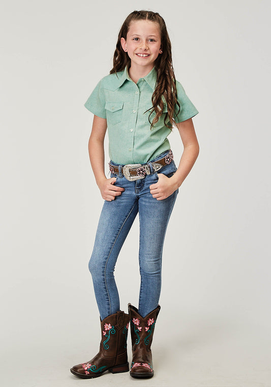 Roper Girls Short Sleeve Button Light Blue Denim Western Blouse With 1 Point Front And Back Yokes Double Needle Stitching - Roper