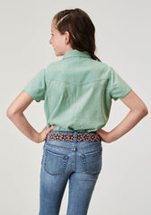 Roper Girls Short Sleeve Button Light Blue Denim Western Blouse With 1 Point Front And Back Yokes Double Needle Stitching