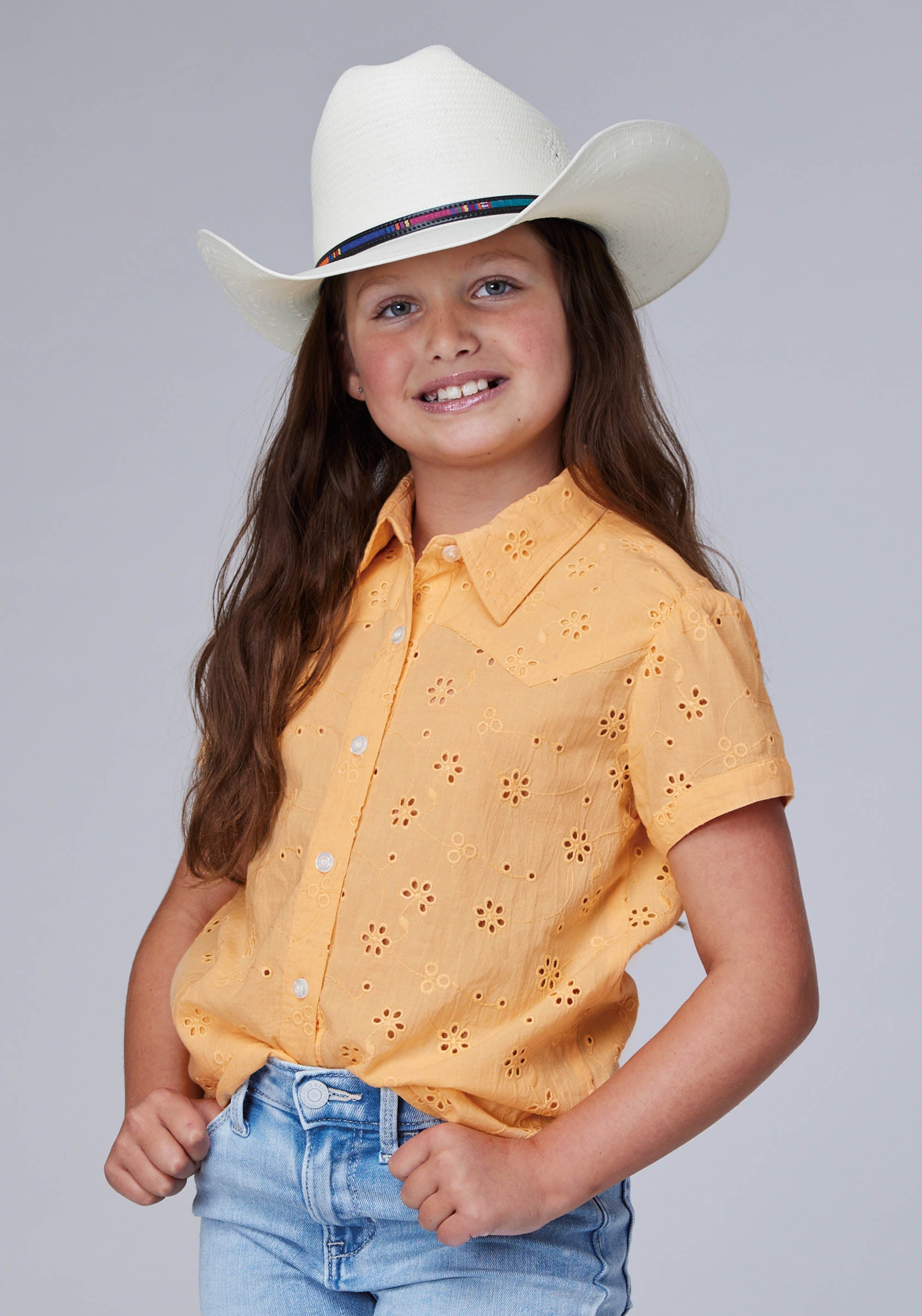 Roper Girls Short Sleeve Button Cotton Eyelet Western Blouse With 1pt Front And Back Yokes - Roper