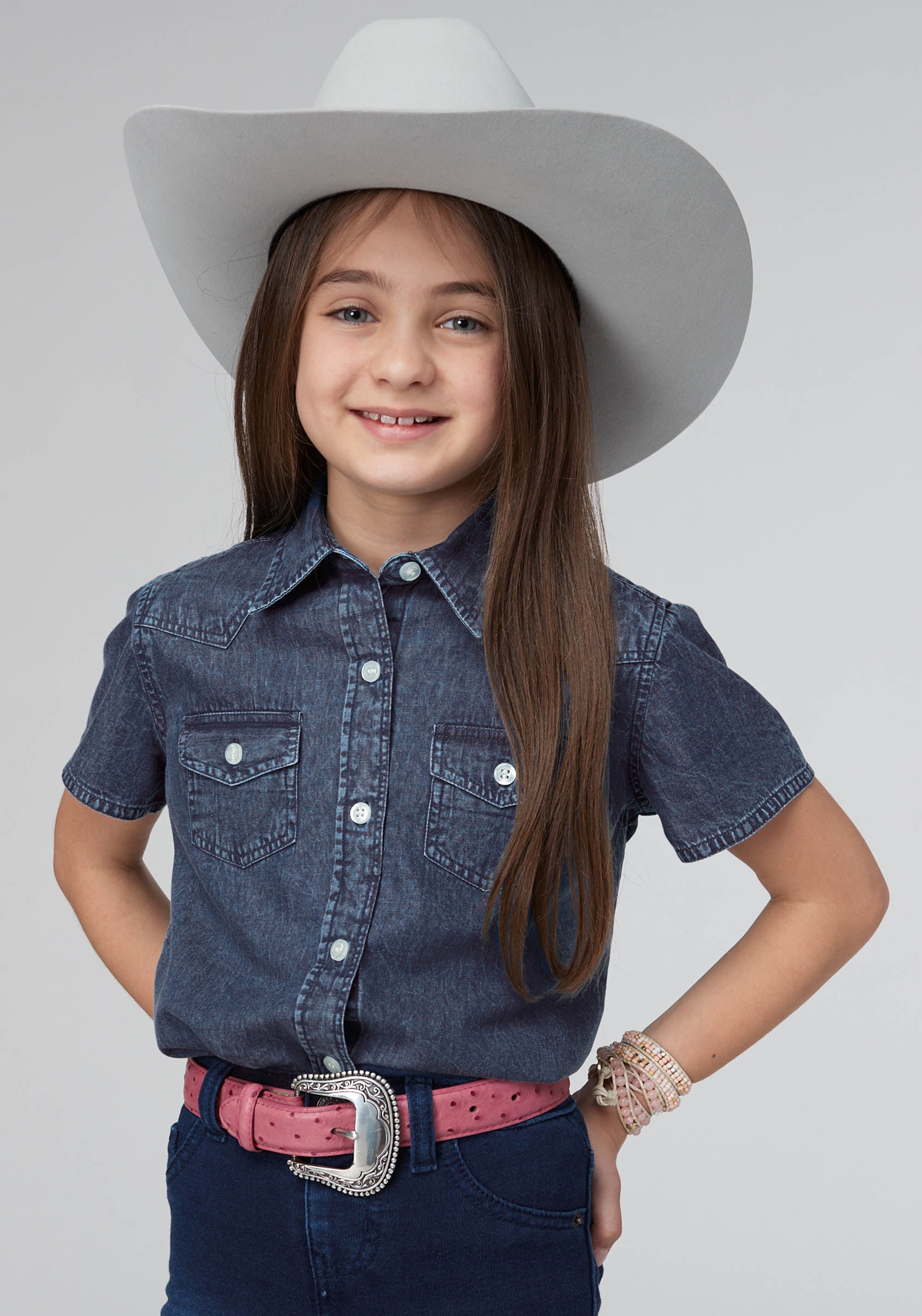 Roper Girls Short Sleeve Button Dark Blue Denim Western Top With 1 Point Front And Back Yokes