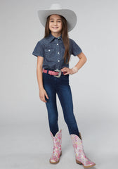 Roper Girls Short Sleeve Button Dark Blue Denim Western Top With 1 Point Front And Back Yokes - Roper