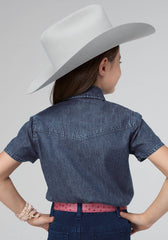 Roper Girls Short Sleeve Button Dark Blue Denim Western Top With 1 Point Front And Back Yokes - Roper