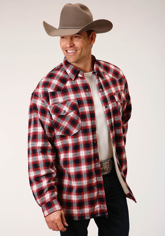 Roper Mens Long Sleeve Snap Sherpa Lined Flannel Shirt Jacket - Roper