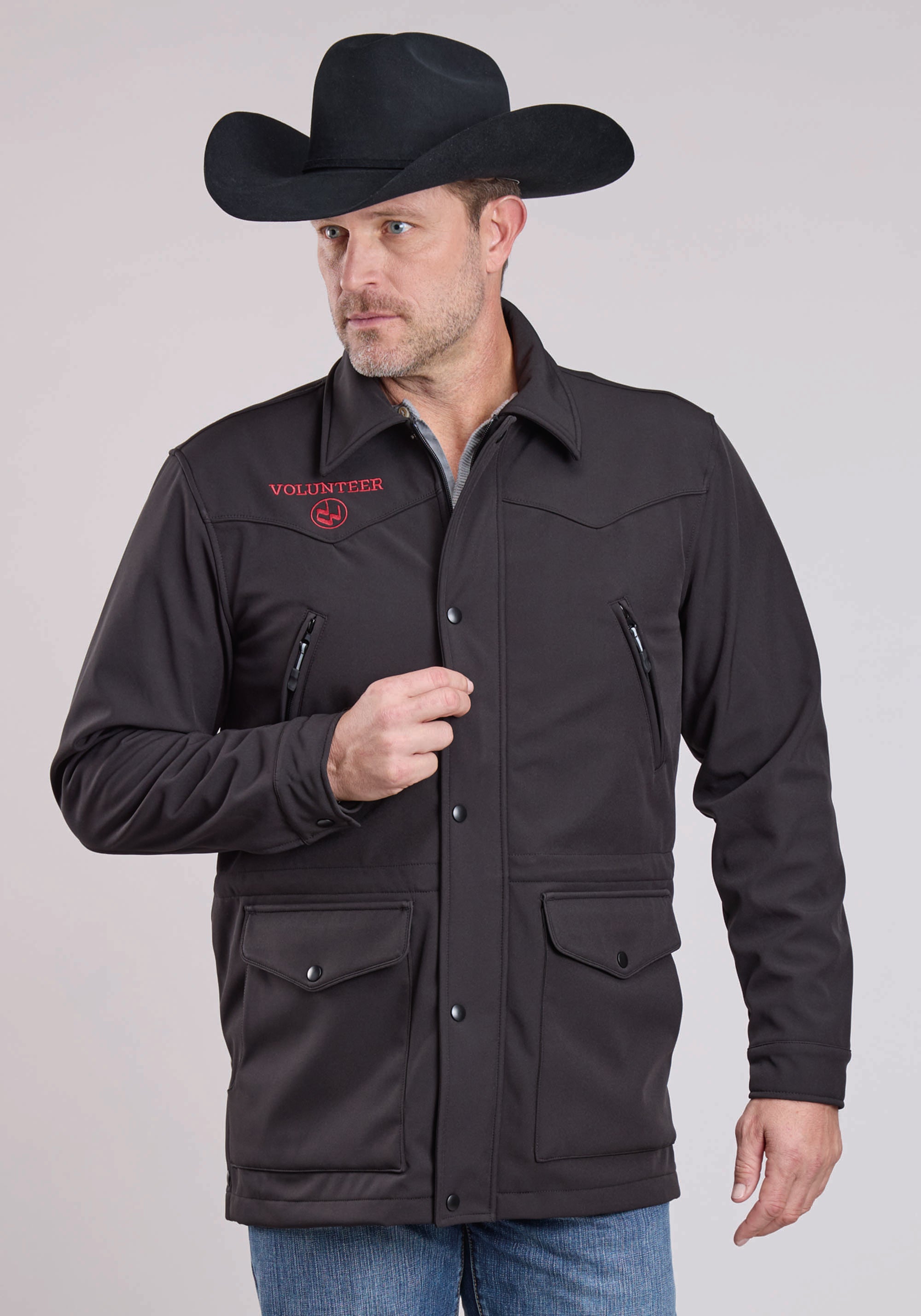 Roper Men's Fleece Lined Softshell Barn Coat* Zipper Chest Pockets * Draw Cord Waist* Lower Flap Pockets* Center Front Zipper With Storm Flap* 1 Point Front And Back Yokes * Embroidery Detail On Front And Back Yokes