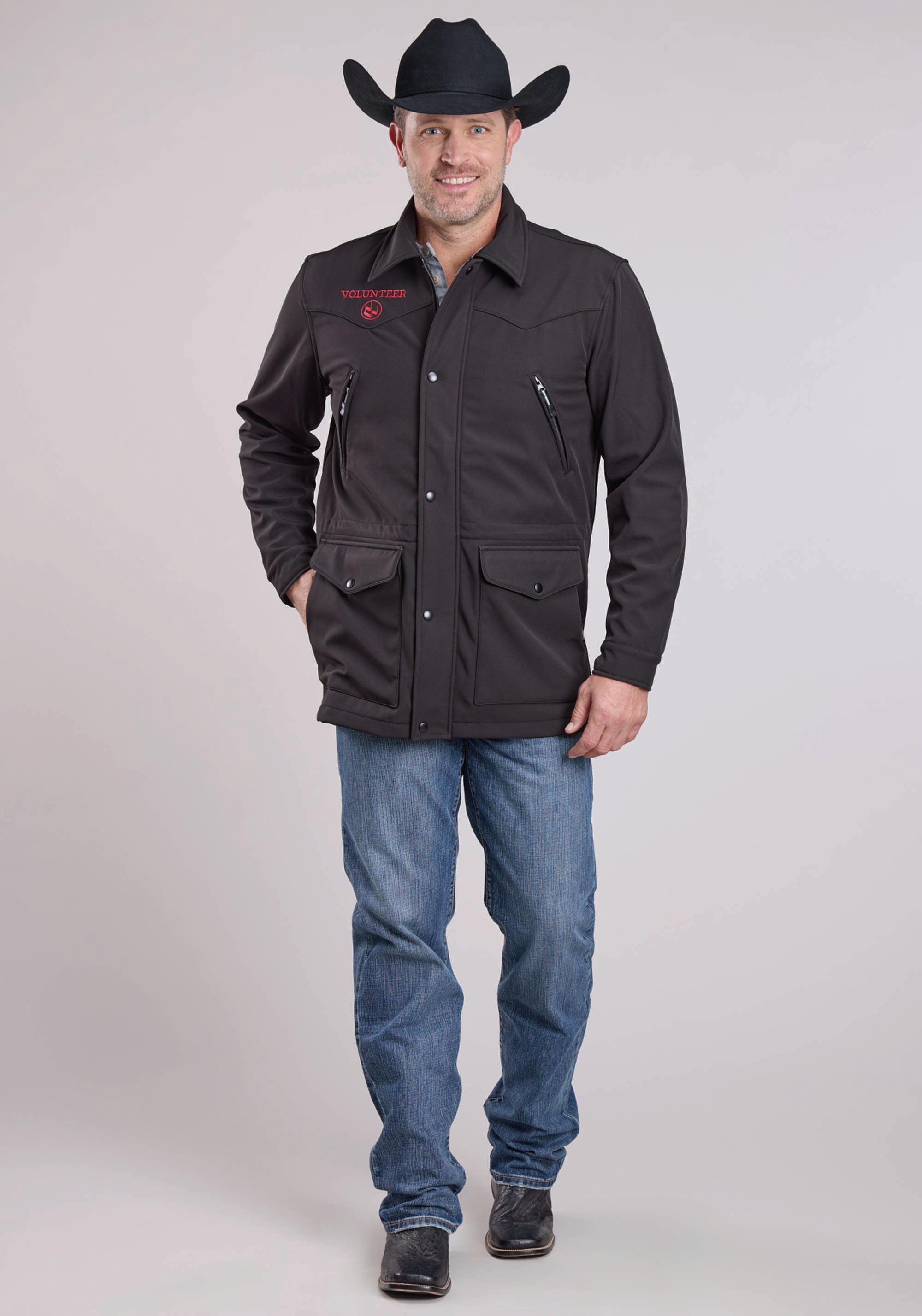 Roper Men's Fleece Lined Softshell Barn Coat* Zipper Chest Pockets * Draw Cord Waist* Lower Flap Pockets* Center Front Zipper With Storm Flap* 1 Point Front And Back Yokes * Embroidery Detail On Front And Back Yokes