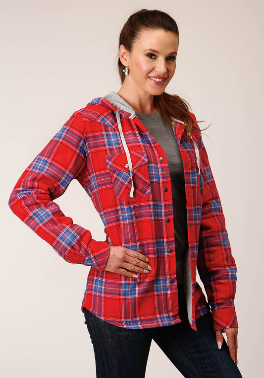 Roper Womens Snap Thermal Lined Flannel Shirt Jacket Coral Blue White Plaid - Roper