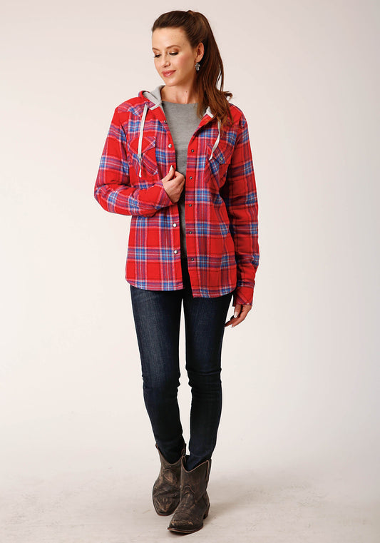 Roper Womens Snap Thermal Lined Flannel Shirt Jacket Coral Blue White Plaid - Roper