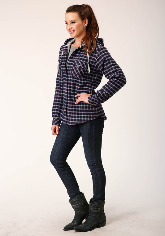 Roper Womens Snap Thermal Lined Flannel Shirt Jacket Navy Pink White Plaid