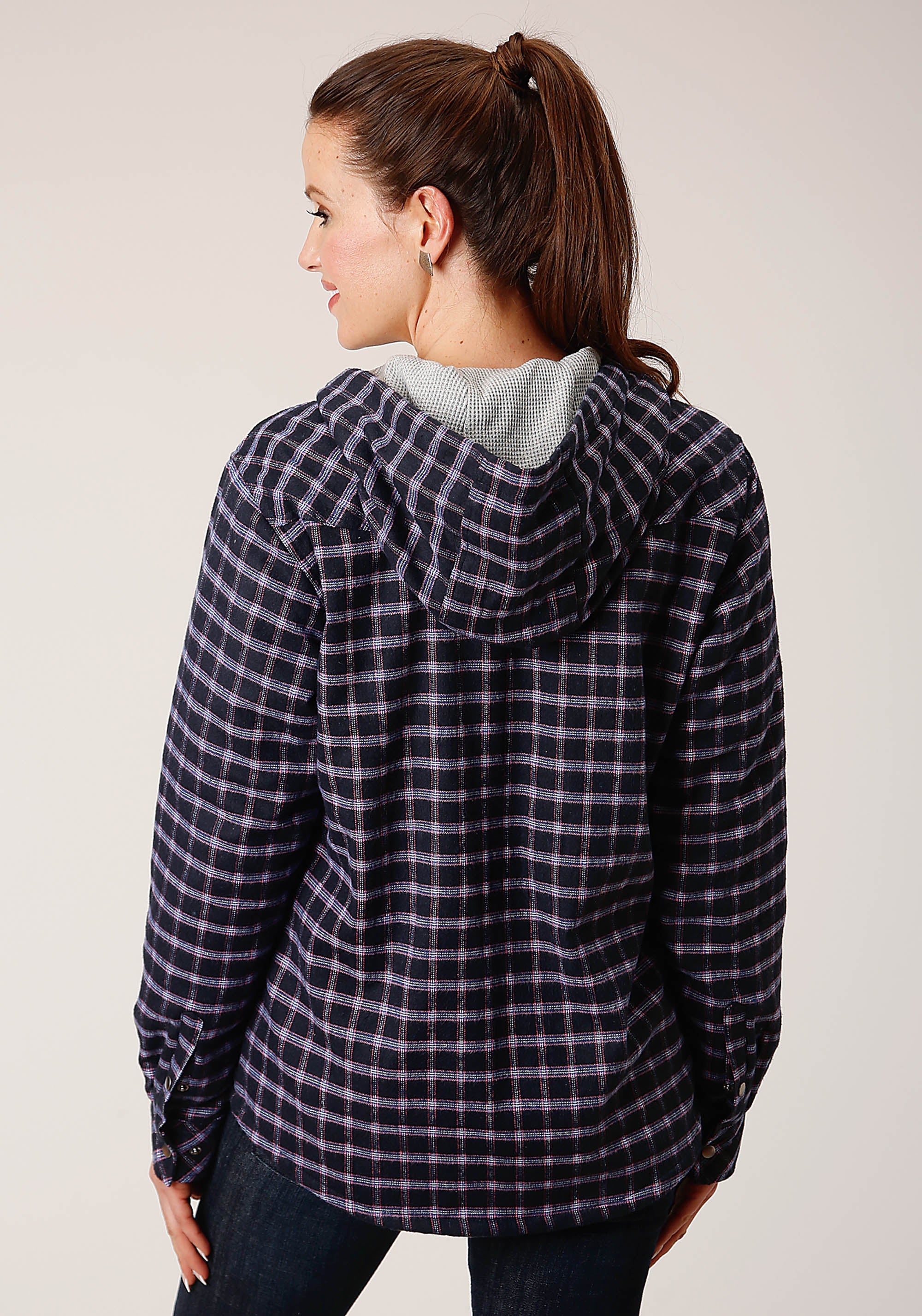 Roper Womens Snap Thermal Lined Flannel Shirt Jacket Navy Pink White Plaid - Roper