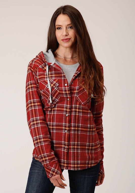 Roper Womens Snap Thermal Lined Flannel Shirt Jacket Rust Wine Gold Plaid - Roper