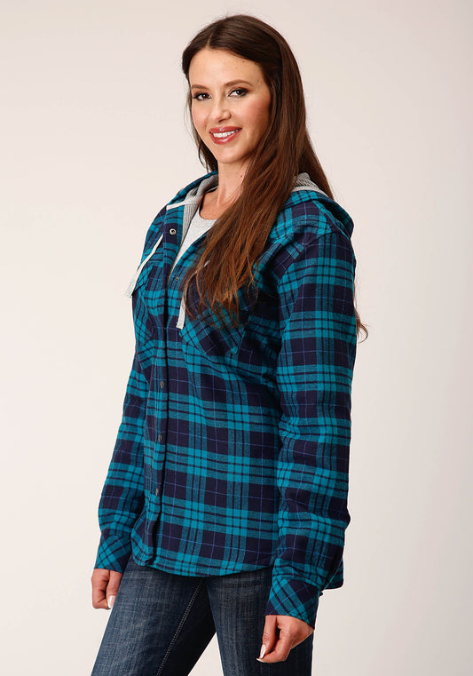 Roper Womens Snap Thermal Lined Flannel Shirt Jacket Turquoise Navy Plaid - Roper