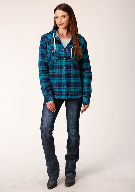 Roper Womens Snap Thermal Lined Flannel Shirt Jacket Turquoise Navy Plaid - Roper