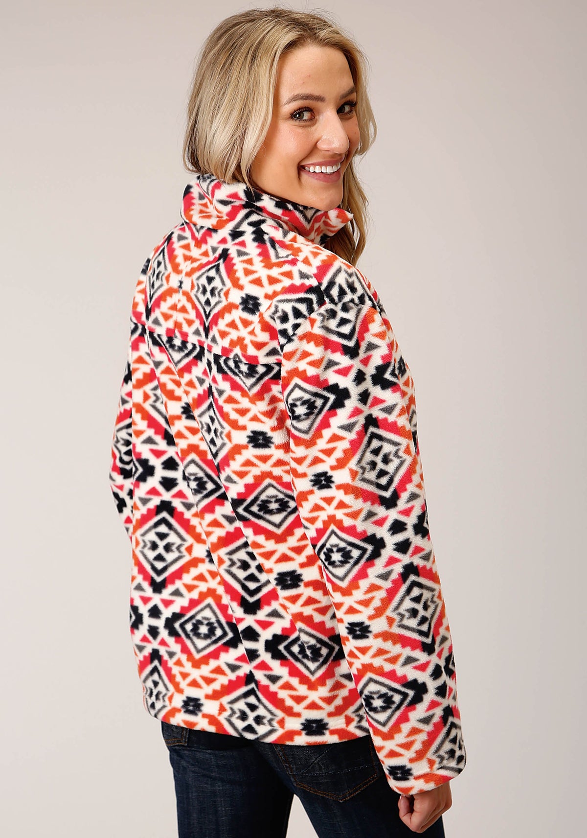 Roper Womens Grey Orange Pink Print Fleece Pullover