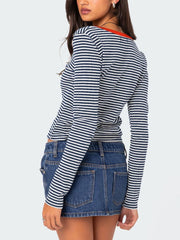 Buttoned Striped Long Sleeve T-Shirt - Trendsi