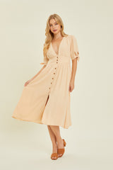 HEYSON Full Size Textured Linen V-Neck Button-Down Midi Dress - Flyclothing LLC