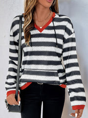 Perfee Contrast Striped Long Sleeve Hoodie