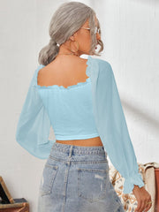 Mesh Sweetheart Neck Flounce Sleeve Top - Trendsi