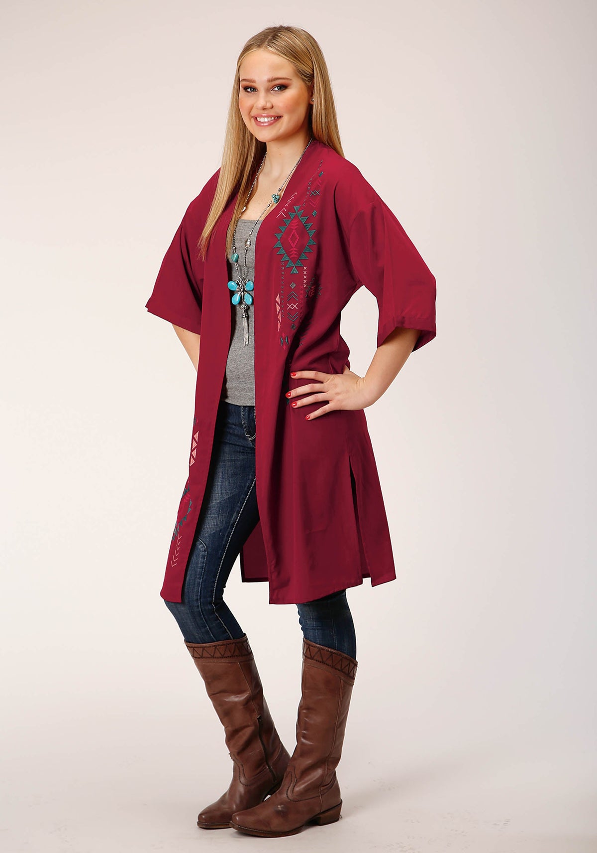 Roper Womens  Solid Poly Wine Short Sleeve  Cardigan