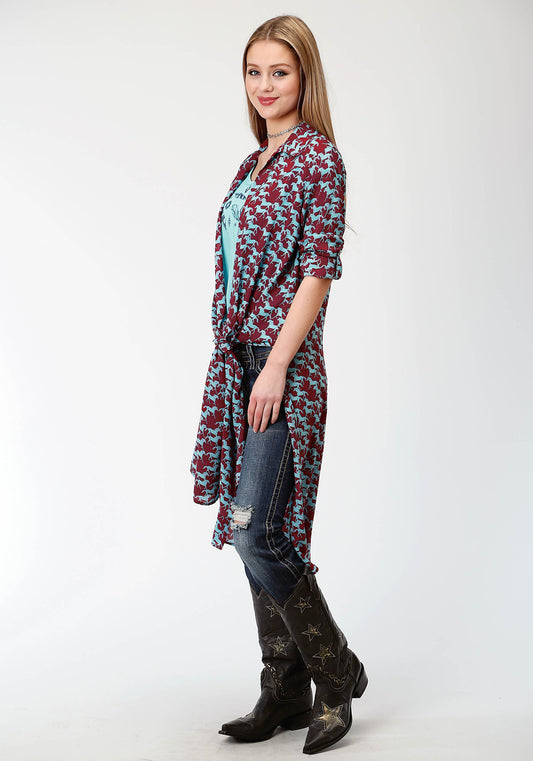 Roper Womens Red And Blue  Print Western Cardigan