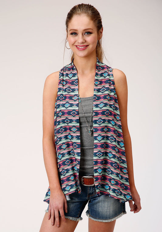 Roper Womens Navy Blue Red And Turquoise Aztec Print Sleeveless Cardigan