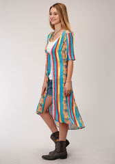 Roper Womens Blue Yellow And Red Serape Print Short Sleeve Cardigan - Roper