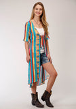 Roper Womens Blue Yellow And Red Serape Print Short Sleeve Cardigan