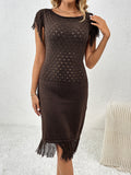 Fringe Openwork Boat Neck Knit Dress - Flyclothing LLC