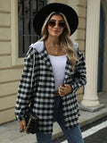 Drawstring Plaid Long Sleeve Hooded Jacket - Trendsi