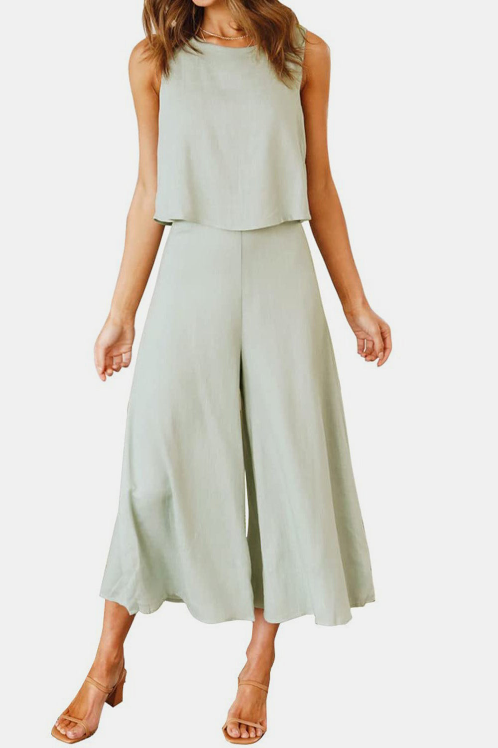 Round Neck Top and Wide Leg Pants Set Trendsi